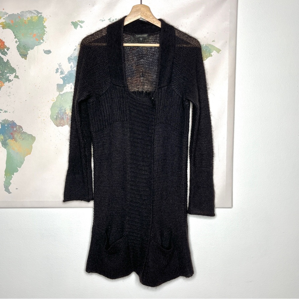 Eileen Fisher Sweater Jacket Dark‎ Gray Size Small Open Knit Mohair Wool Snaps